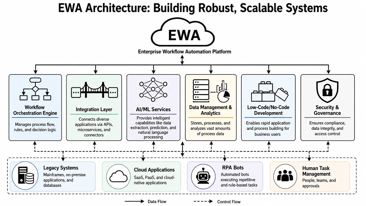 A diagram illustrating the EWA architecture platform for enterprise workflow automation and its core system components.