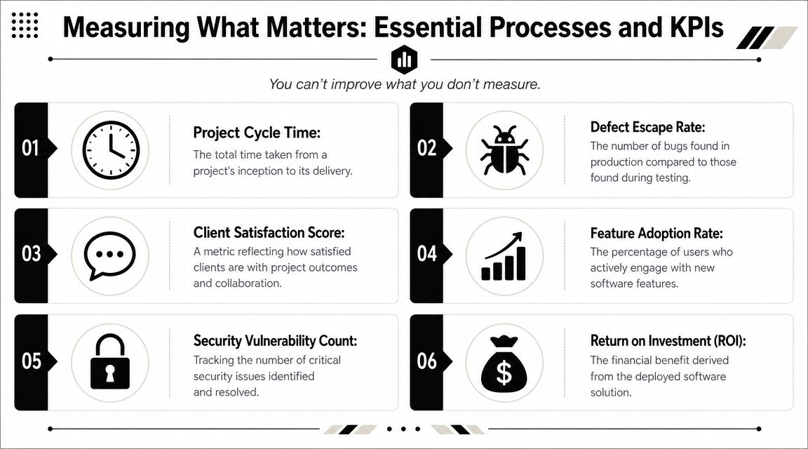 An infographic detailing six essential key performance indicators for measuring success in software development projects.