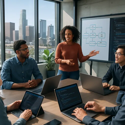 Developers working together on laptops in a bright, modern office setting in Los Angeles.