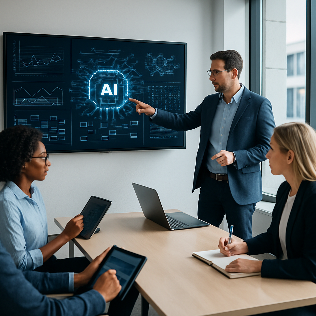 Team of professionals discussing AI system integration in a bright, modern office setting