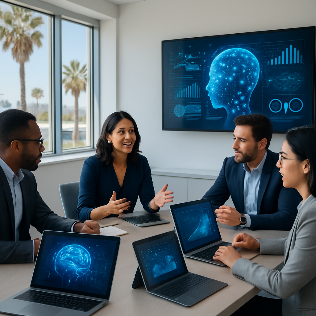 Team in a modern office discussing AI strategy with digital screens displaying analytics