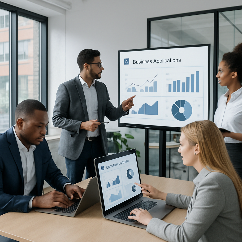 Team monitoring business applications on multiple screens in a modern office setting
