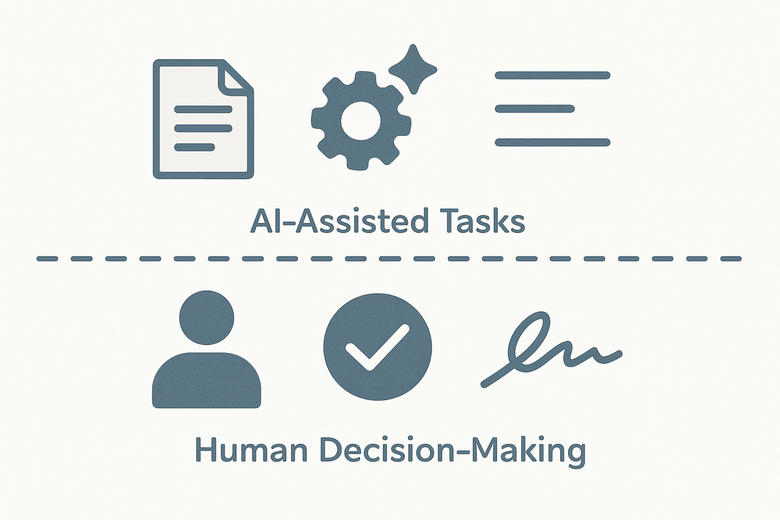 Diagram: a dashed line divides AI-assisted tasks (drafting, generating, summarizing) above from human decisions and accountability below.