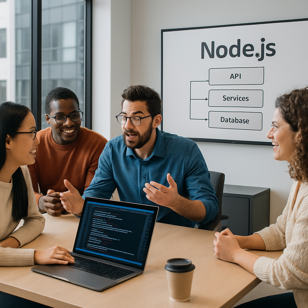 Developers in a modern office discussing Node.js architecture on a whiteboard.