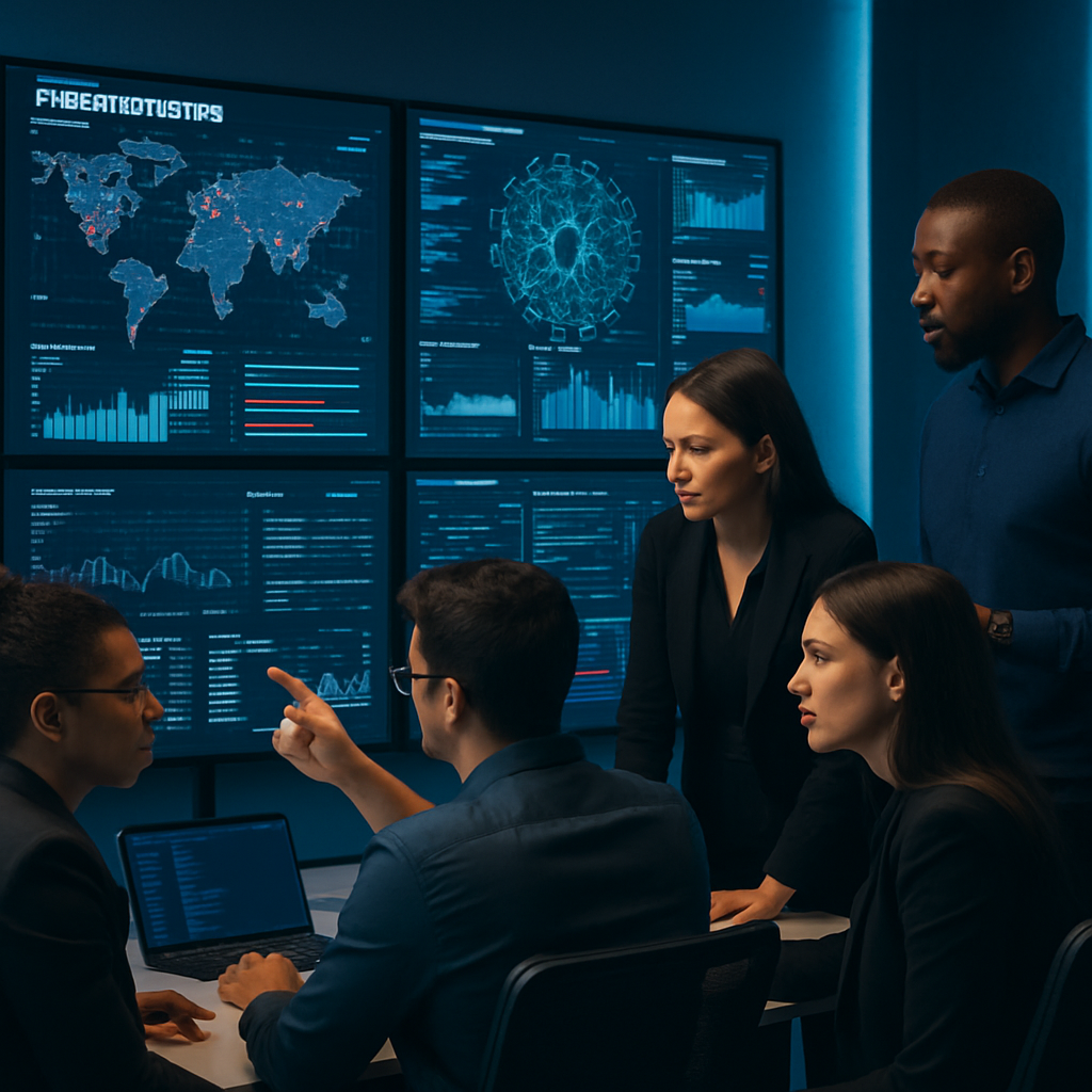 Team reviewing cybersecurity threat detection data on multiple screens in a modern office setting.
