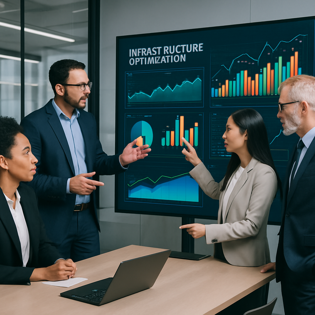 Team reviewing infrastructure optimization strategies on a digital board in a modern office