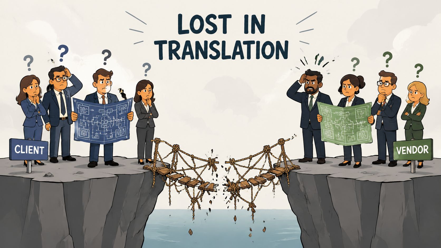 Business professionals on separate cliffs with a broken bridge representing communication gaps in software development outsourcing.