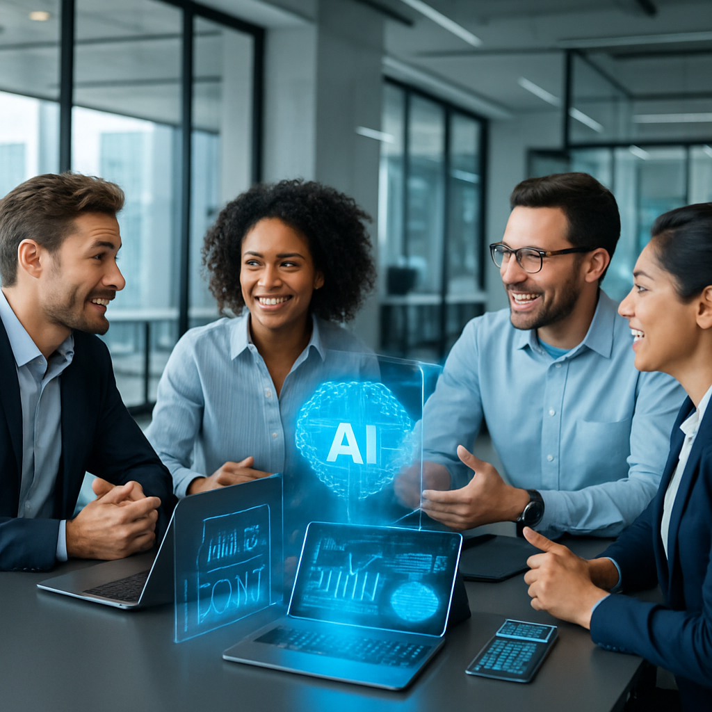 Team of professionals collaborating on AI integration strategies in a bright, modern office setting