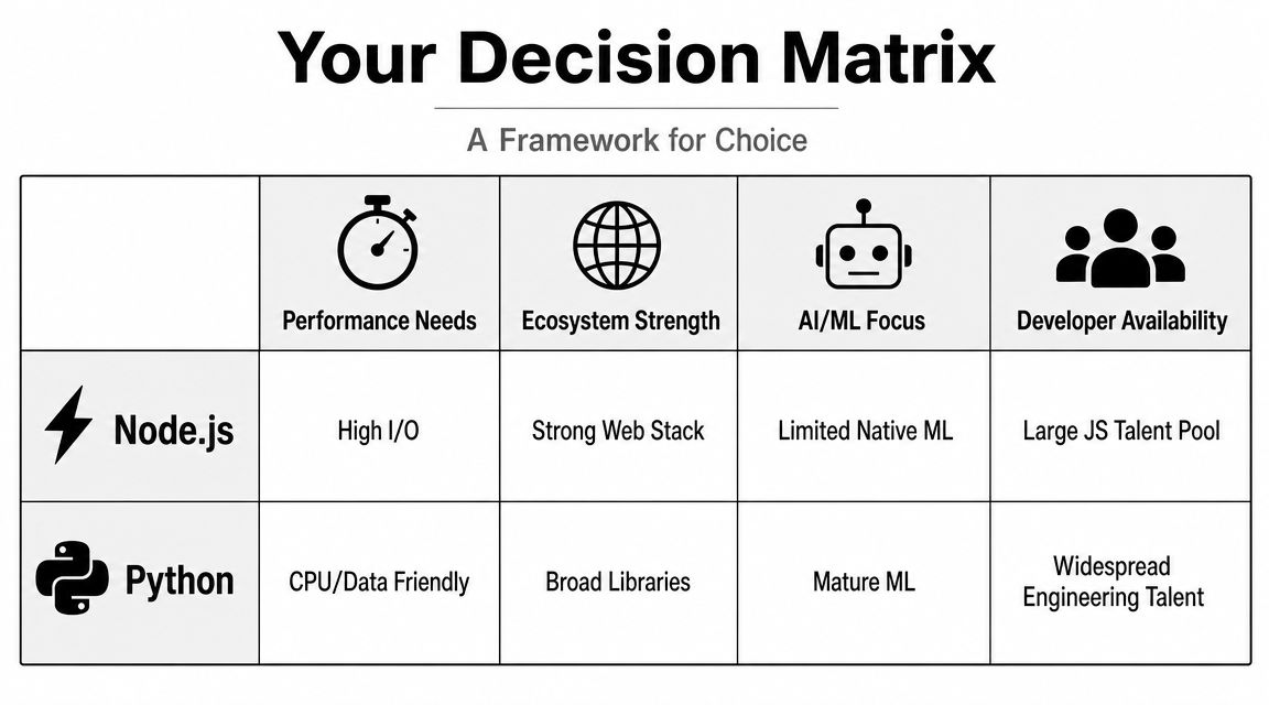 A decision matrix comparing Node.js and Python across performance, ecosystem, AI capabilities, and developer availability.