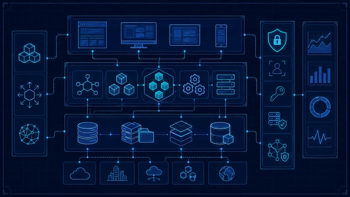 A modern enterprise application architecture blueprint showing layered presentation, service and data tiers with pillars for scale, security and observability