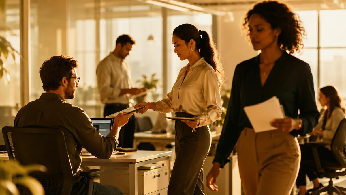 Diverse cross-functional team in a sunlit office passing work hand to hand, representing a smooth automated enterprise workflow across departments