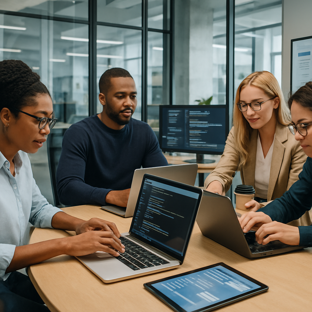 Team discussing software development strategies in a modern office setting