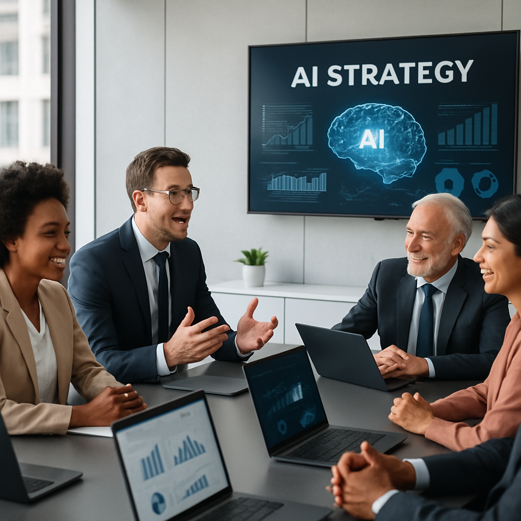 Business team reviewing AI strategy on a laptop in a modern office setting