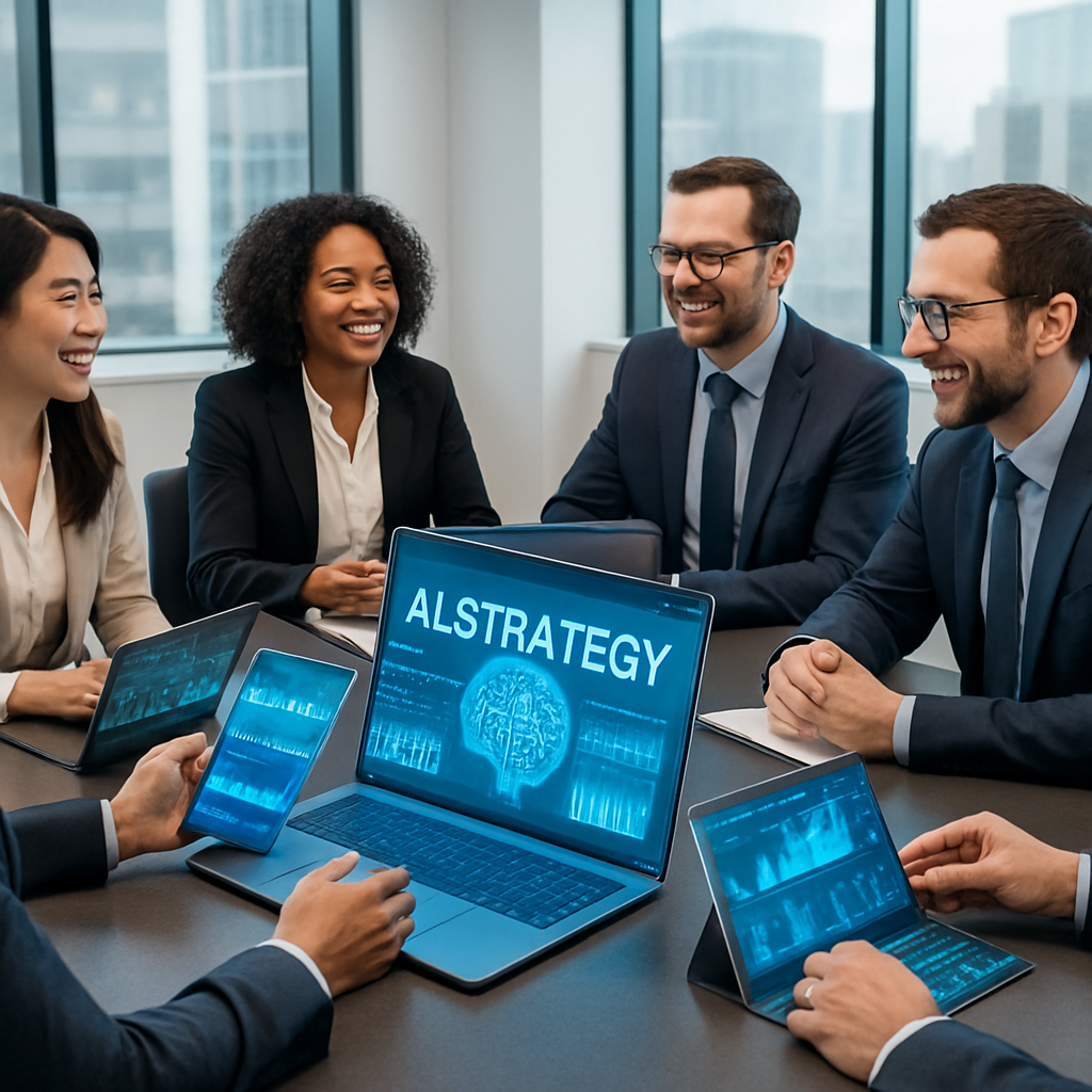 A diverse team of professionals discussing AI strategy around a conference table in a modern office setting.