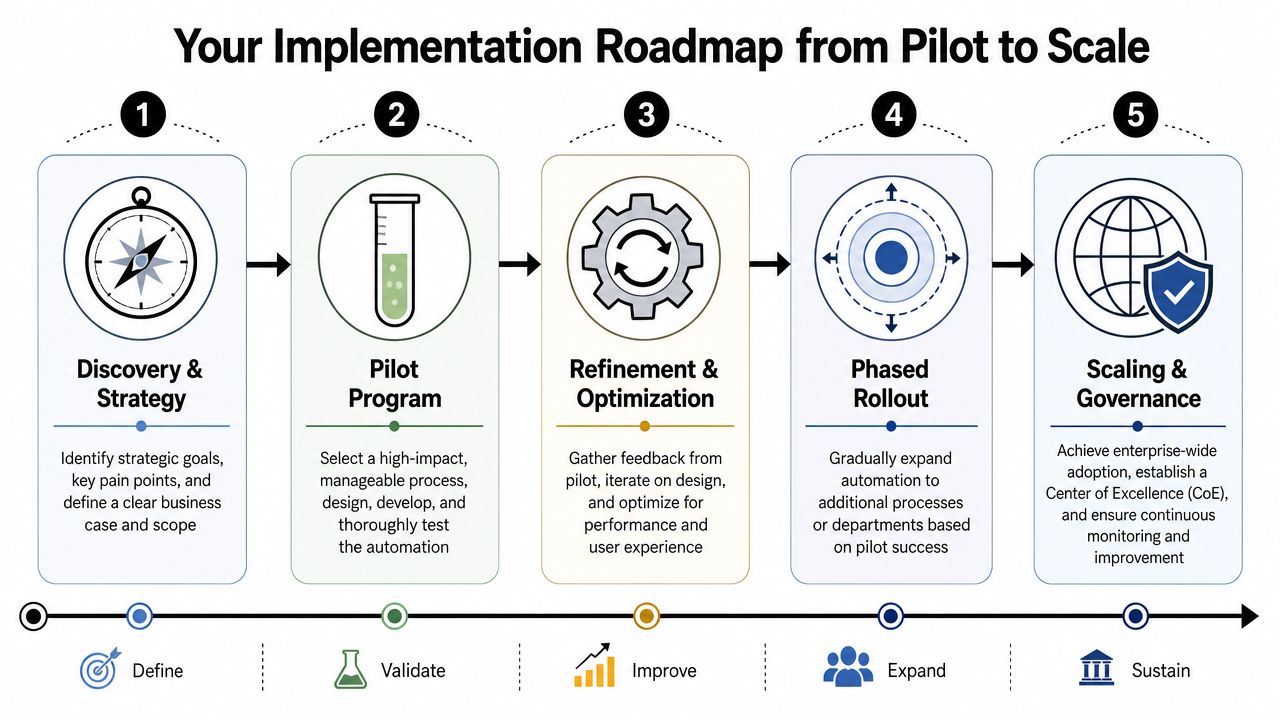 A five-step roadmap for implementing enterprise workflow automation, from initial discovery and strategy to scaling and governance.