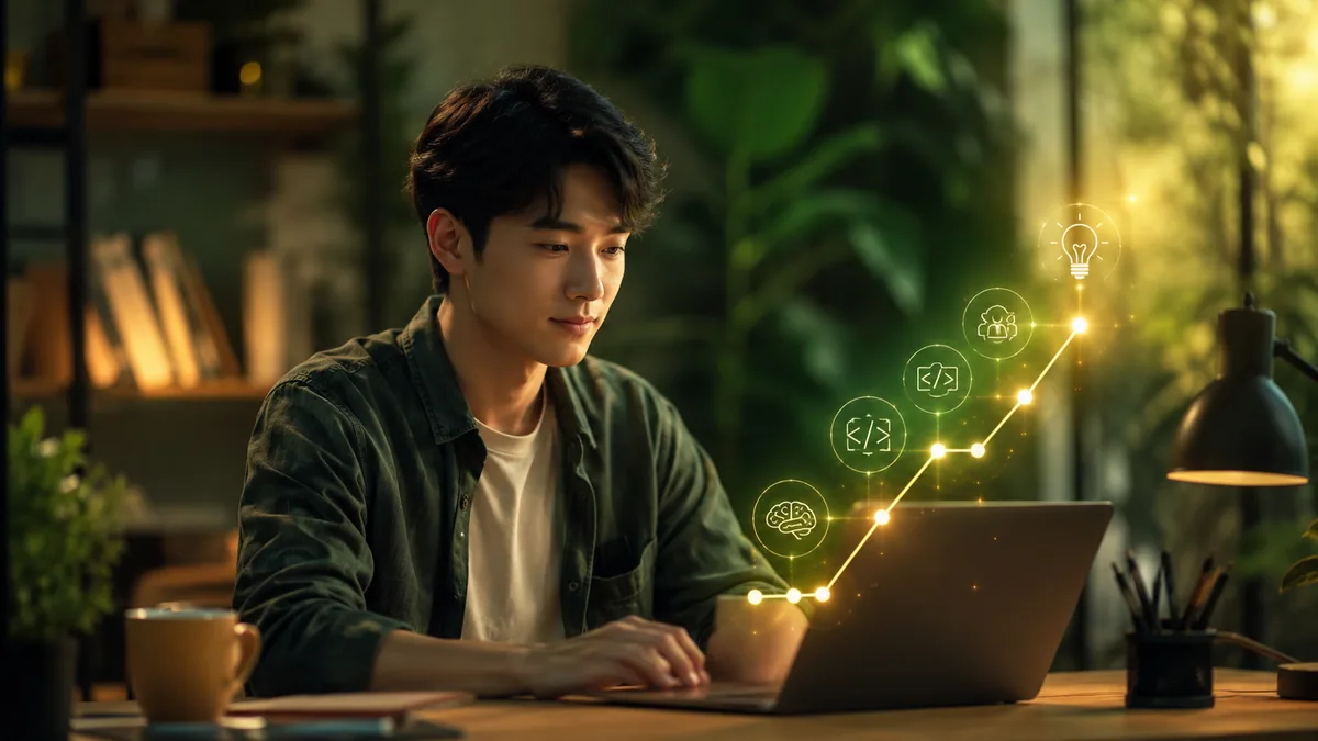 A young junior developer working on a laptop with a glowing upward growth path of skill icons, leveling up in the AI era