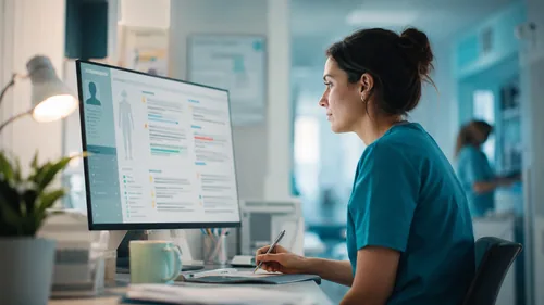 A healthcare professional reviewing a patient chart where an NLP system highlights critical details pulled from clinical notes