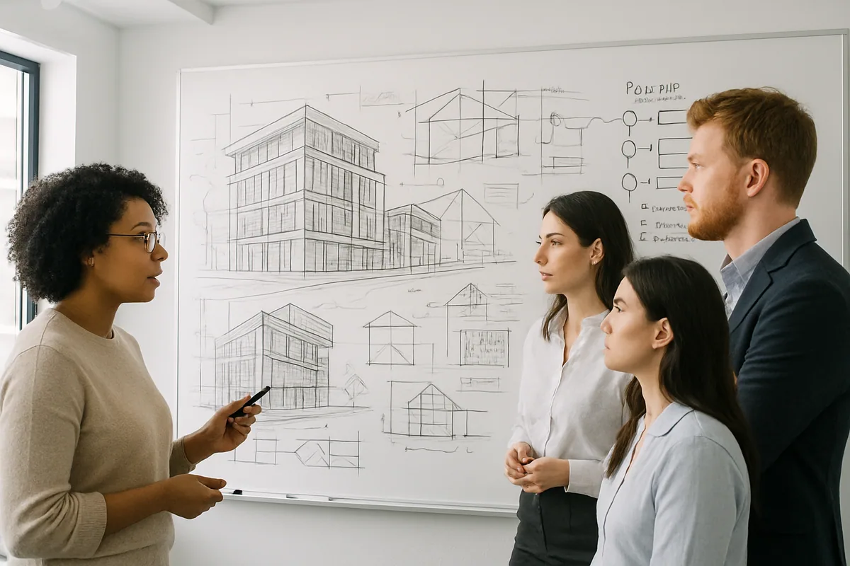 Planning web application development on a whiteboard with requirements, architecture, and roadmap sketches
