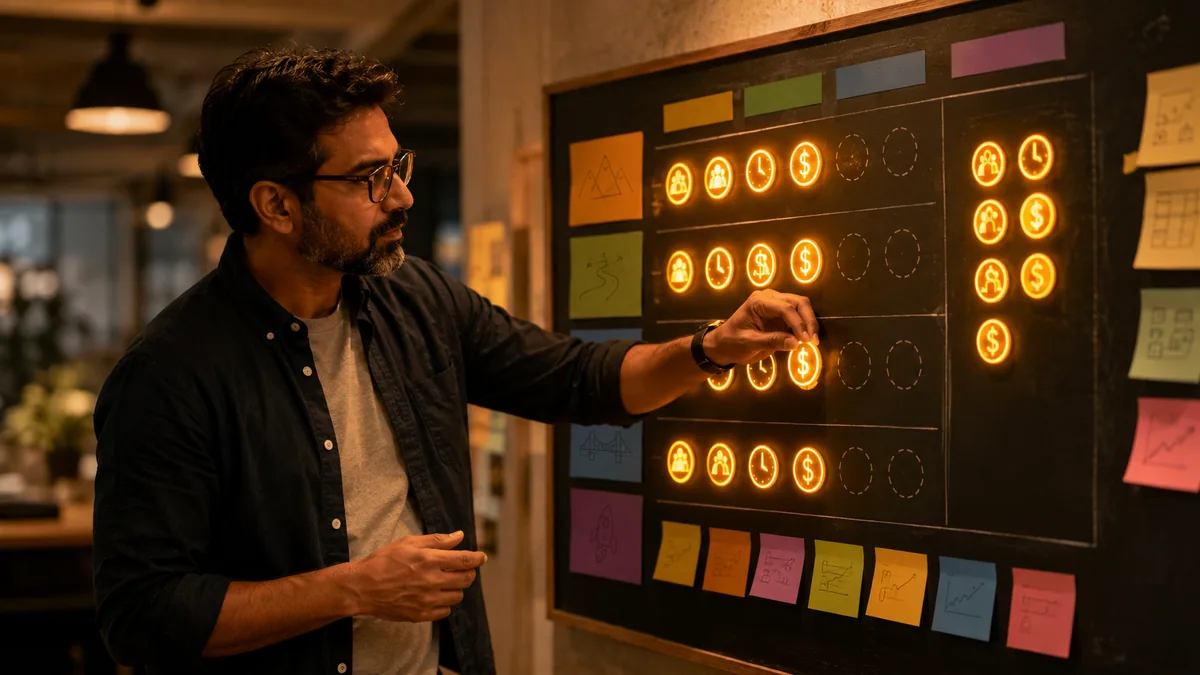 A technology leader allocating glowing resource tokens for skills, time and budget across prioritized initiatives on a planning board