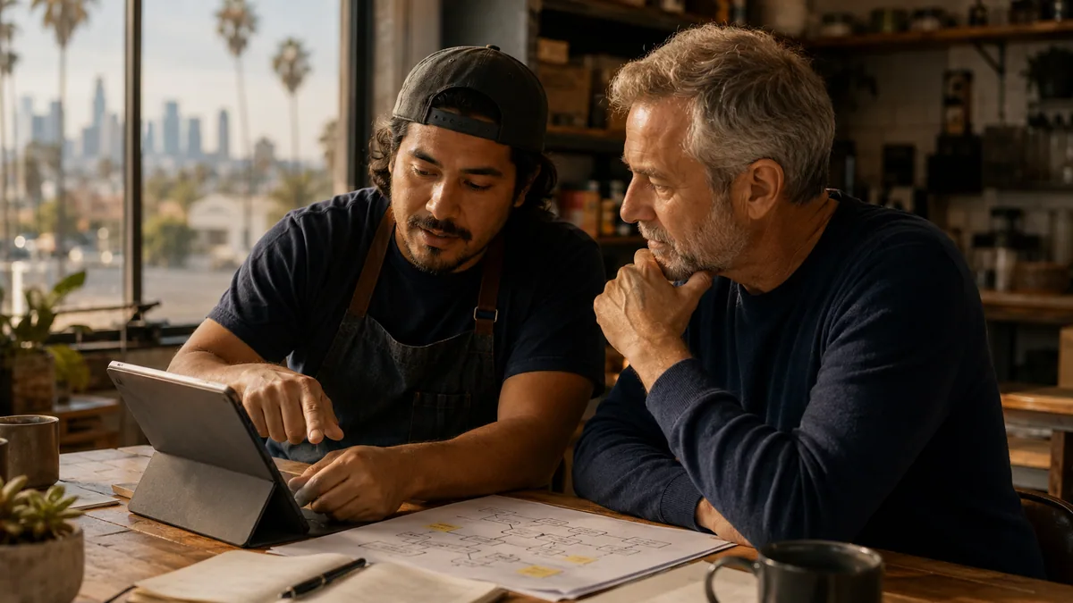 A small-business owner and a developer reviewing an app wireframe on a tablet in a Los Angeles workshop, planning custom software