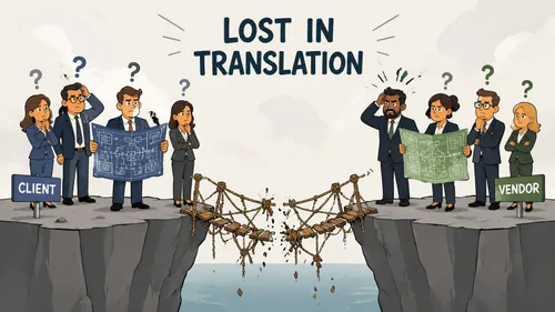 Business professionals on separate cliffs with a broken bridge representing communication gaps in software development outsourcing.