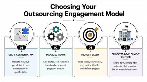 A diagram illustrating four common software development outsourcing engagement models including staff augmentation, managed teams, project-based, and dedicated development centers.