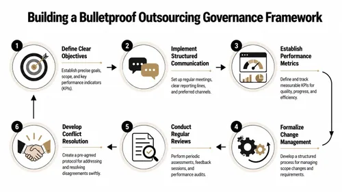 A six-step circular infographic illustrating a bulletproof governance framework for successful software development outsourcing partnerships.