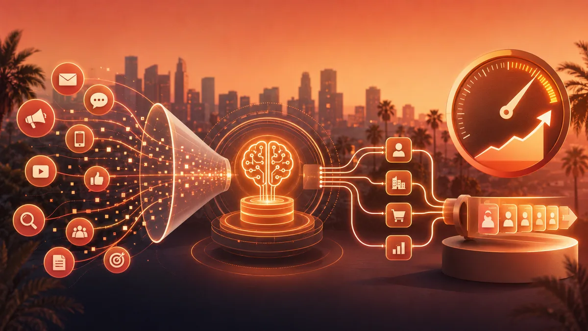 An AI-powered marketing funnel over a Southern California skyline turning channel activity into qualified pipeline and rising ROI