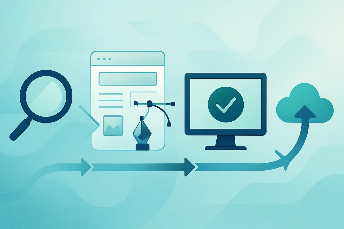 A diagram-style illustration of the web application development process moving through discovery, design, build, testing, and deployment stages