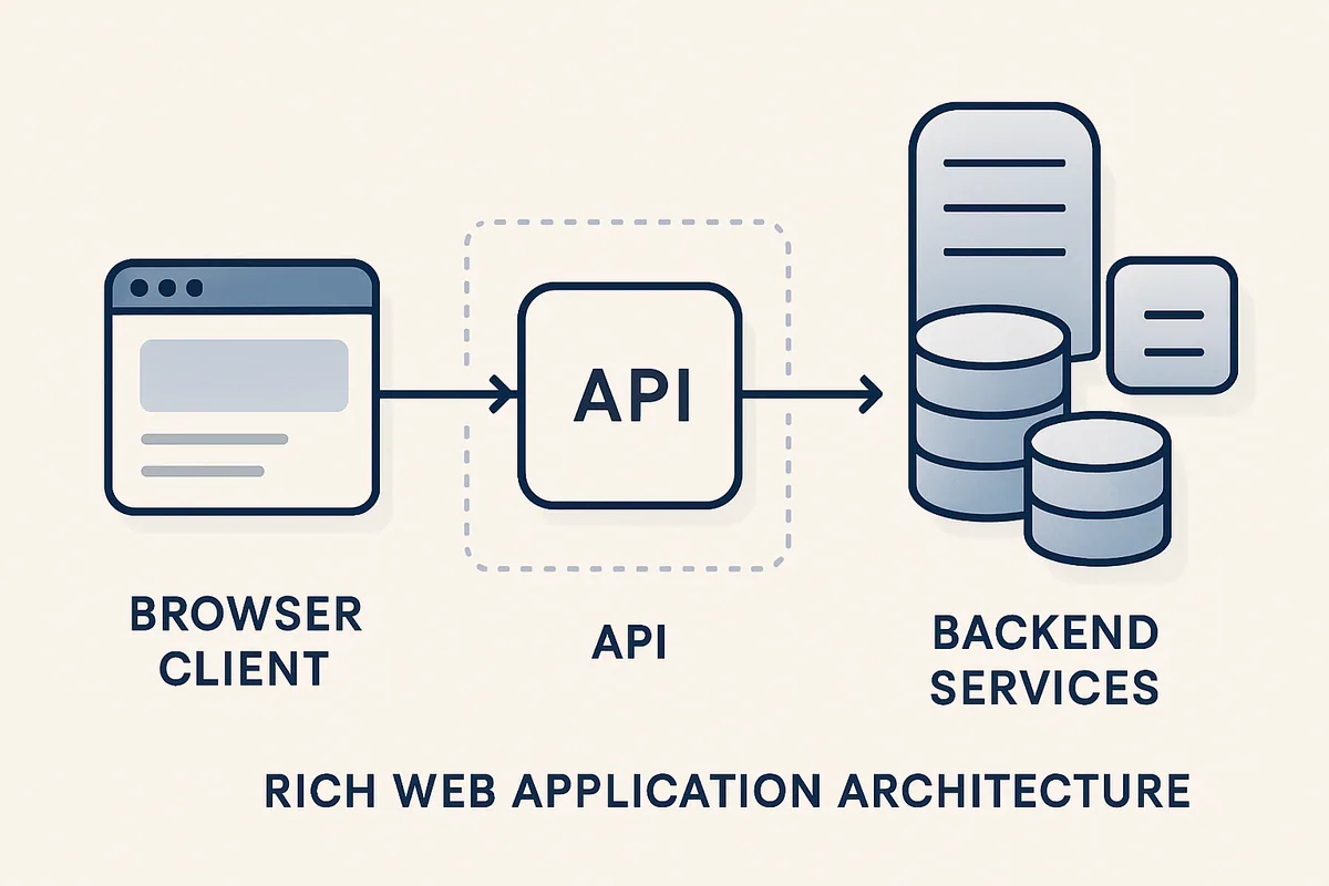 Understanding Rich Internet Application architecture diagram showing browser client, API boundary, and server layers