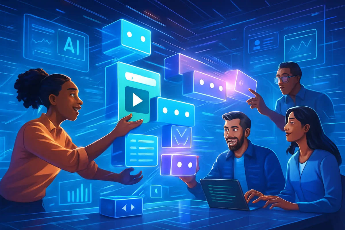 CTO reviewing a rapid application development workflow on low-code and AI-assisted tools