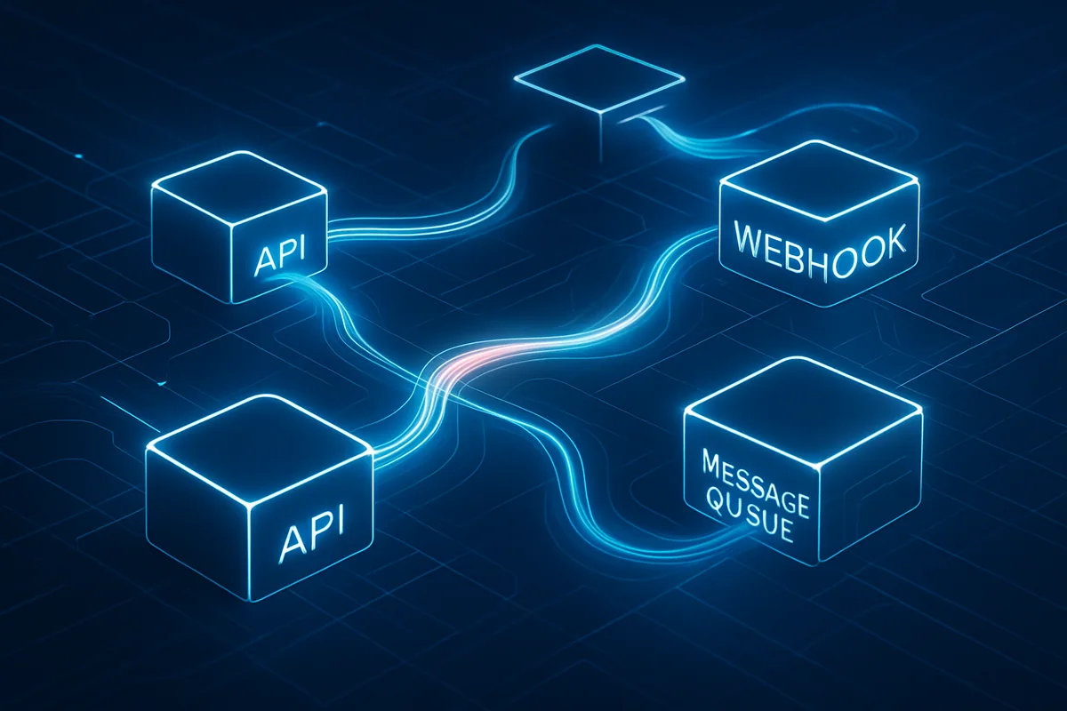 Diagram of web-based application integration connecting multiple web apps through APIs, webhooks, and a message queue