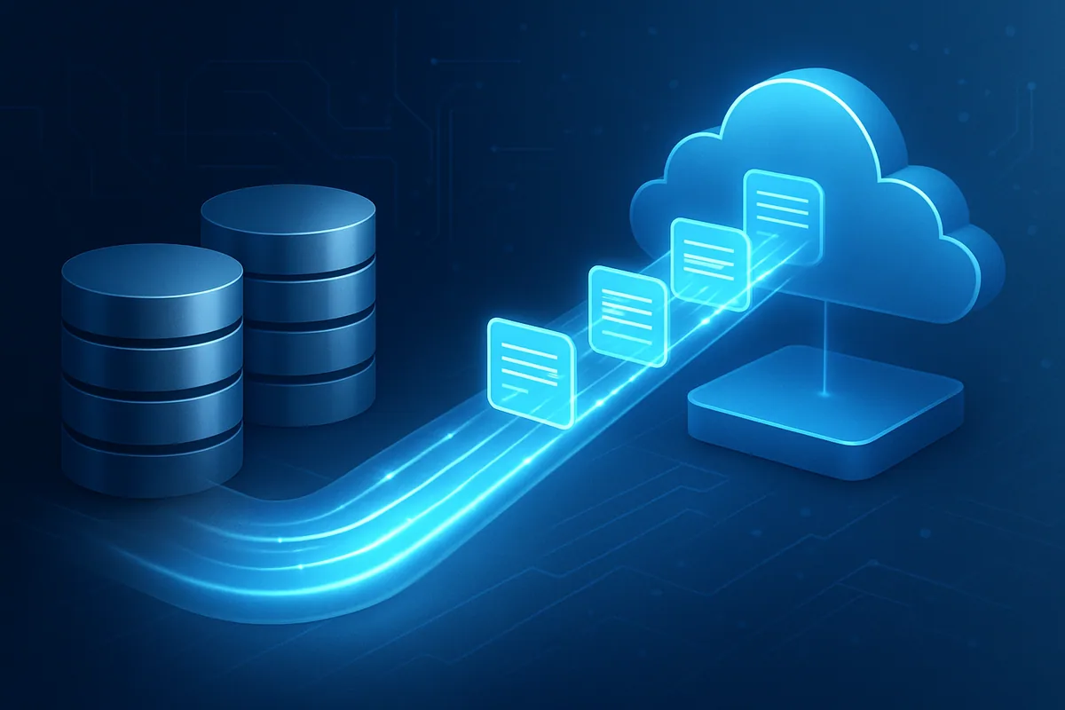 Enterprise data migration diagram showing data moving from legacy systems to a modern cloud platform