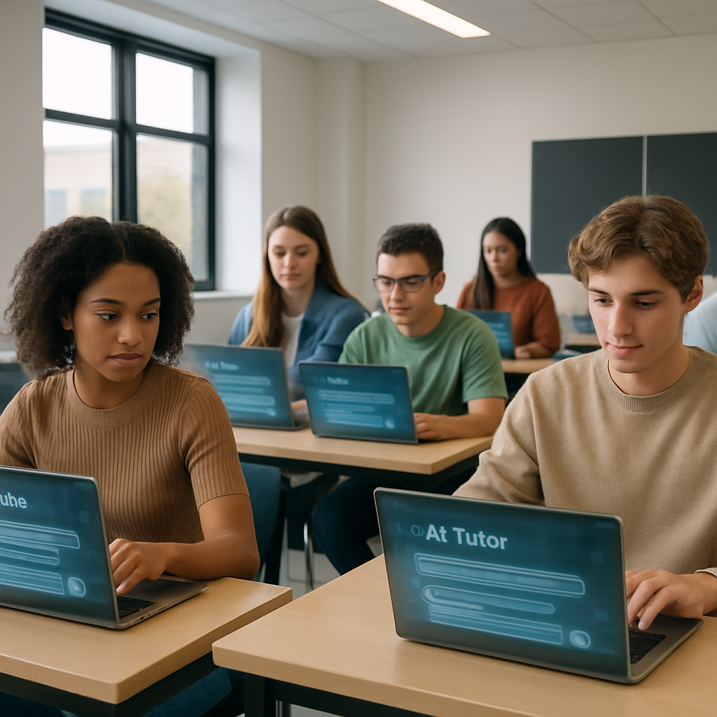 Students engaged with AI tutoring tools on laptops in a bright, modern classroom setting.
