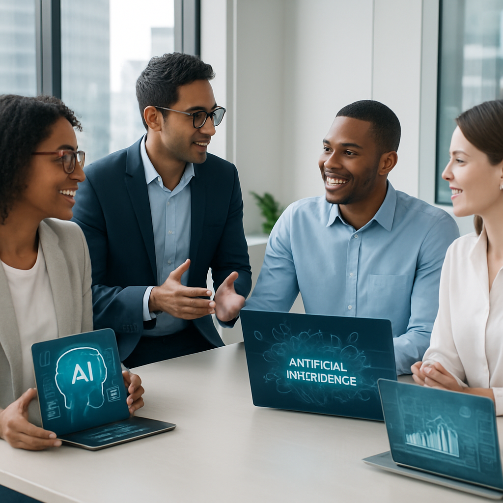 Team reviewing AI applications on digital screens in a modern office setting