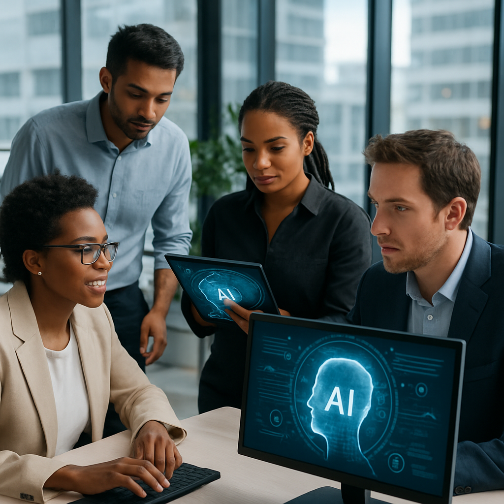 Team collaborating with AI tools to enhance skills in a modern office