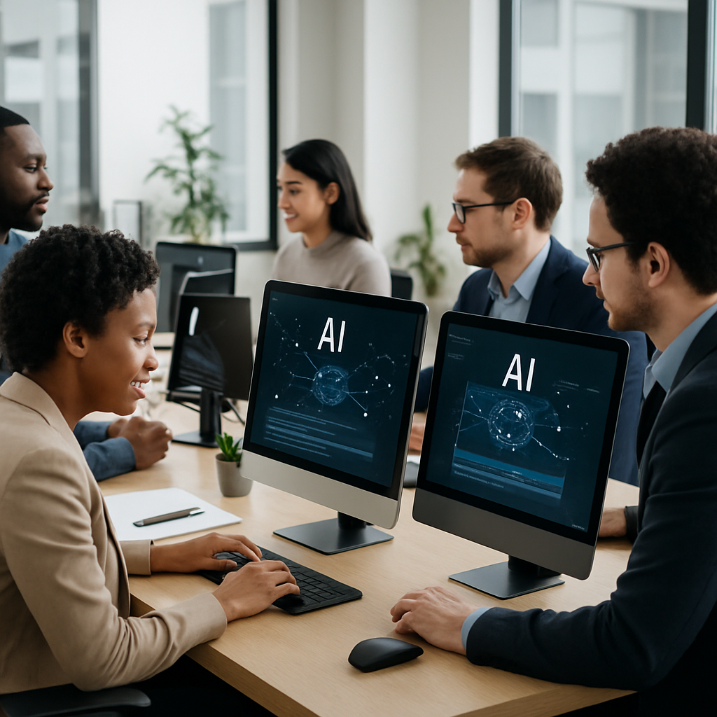 Team collaborating on AI-driven content creation using computers in a modern office setting