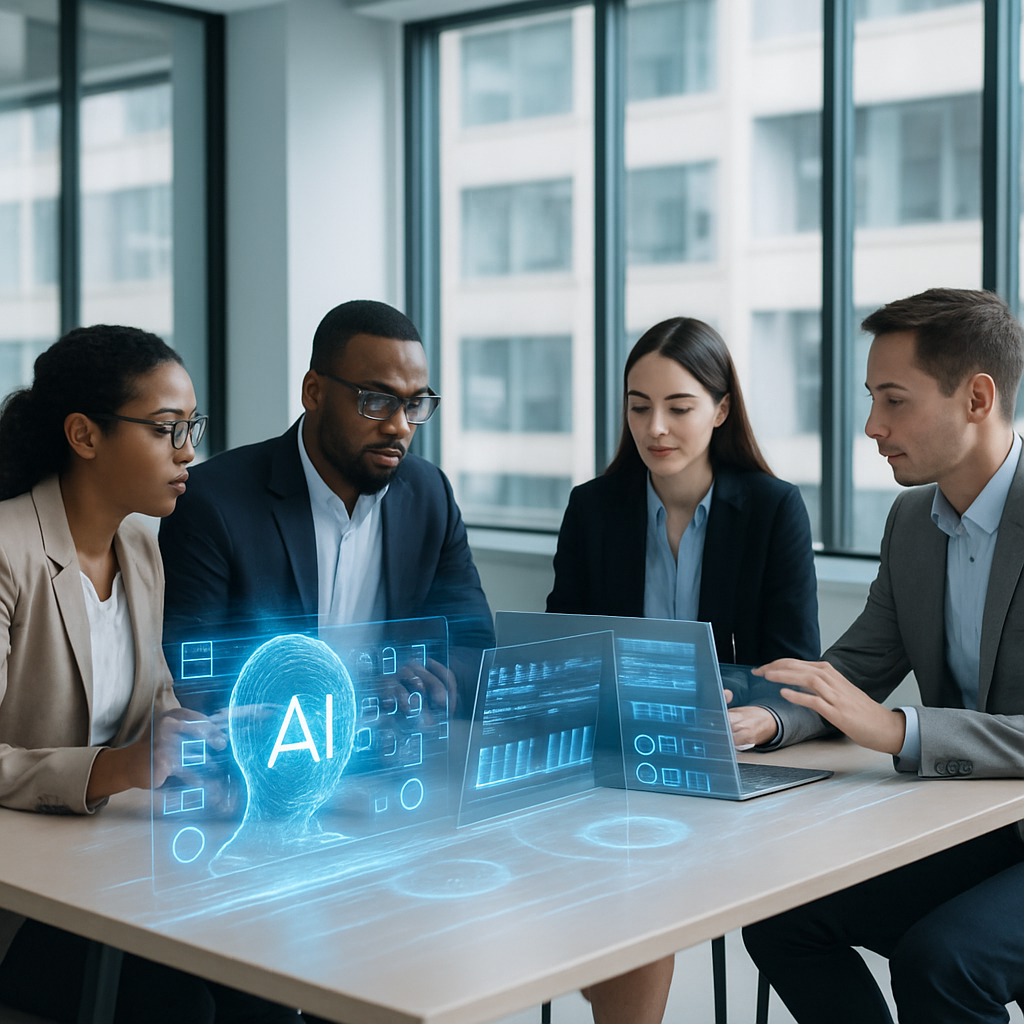 Professionals using AI tools in a modern office setting to enhance their work capabilities.