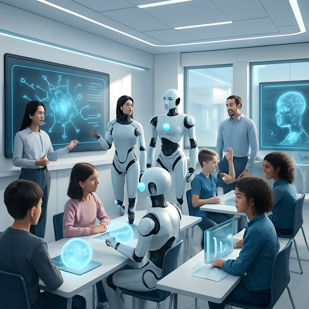 Students using AI-powered educational tools in a modern classroom setting