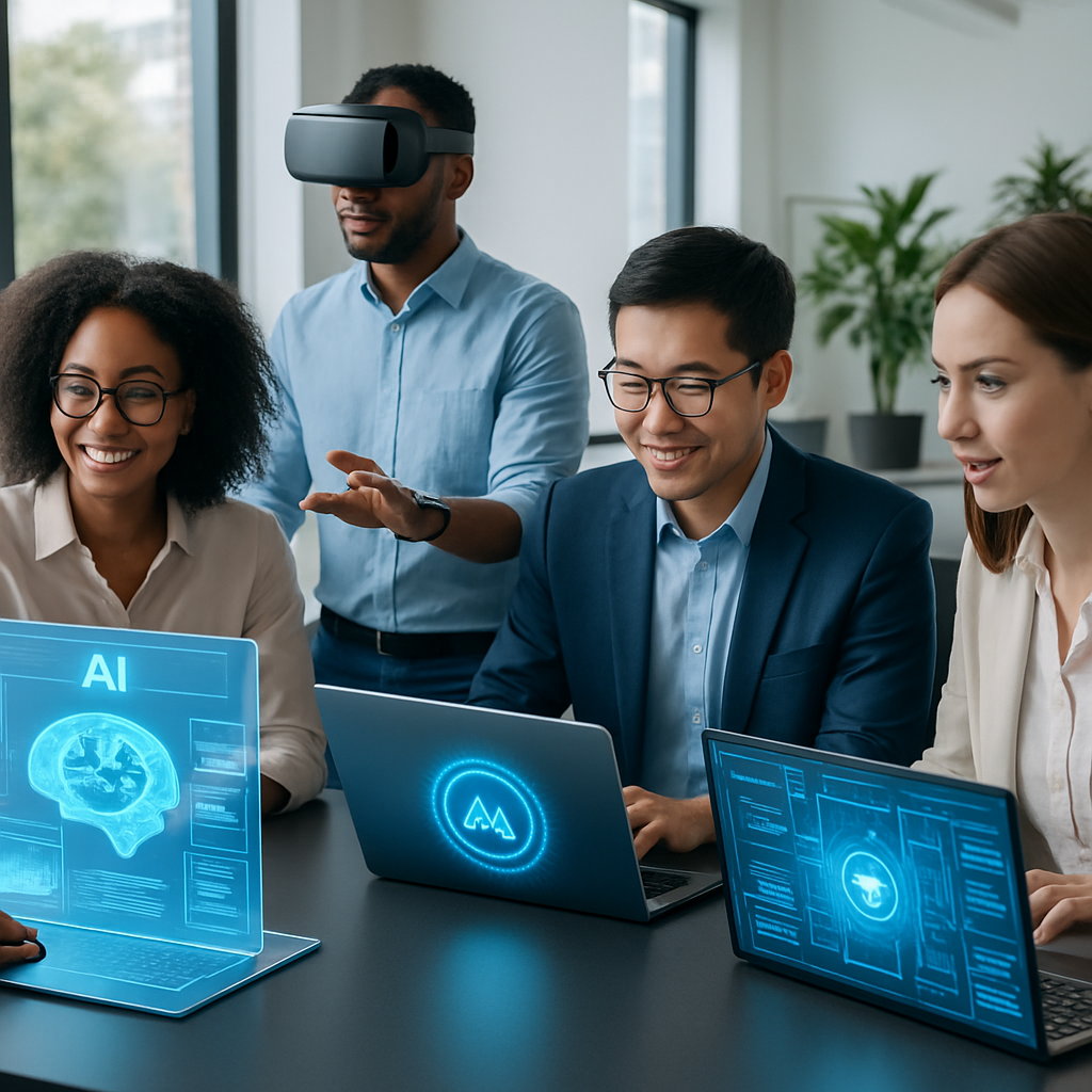 Team collaborating with AI tools in a modern office to enhance business processes