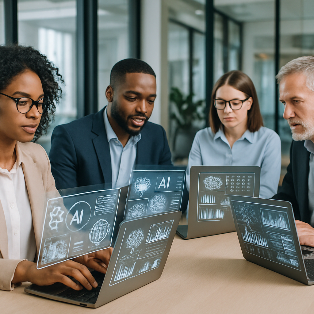 People collaborating using AI tools on laptops in a bright, modern office setting